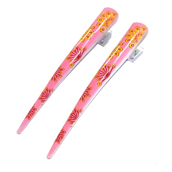 Updo Hair Clips Set of 2 Pink With Yellow Red Peacock Print - Picture 1 of 5